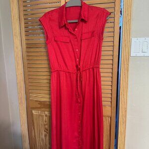 Lavand Red Maxi Shirt Dress XS Sleeveless Button Front Tie Waist